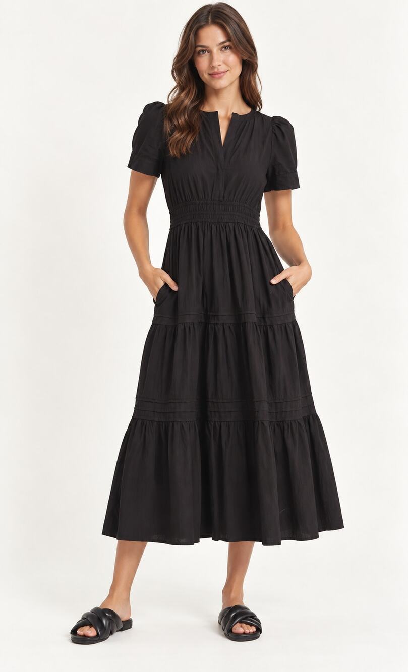 Stitchdrop Tempe Cotton Tiered Maxi Dress Black Womens Size Small New Cottage